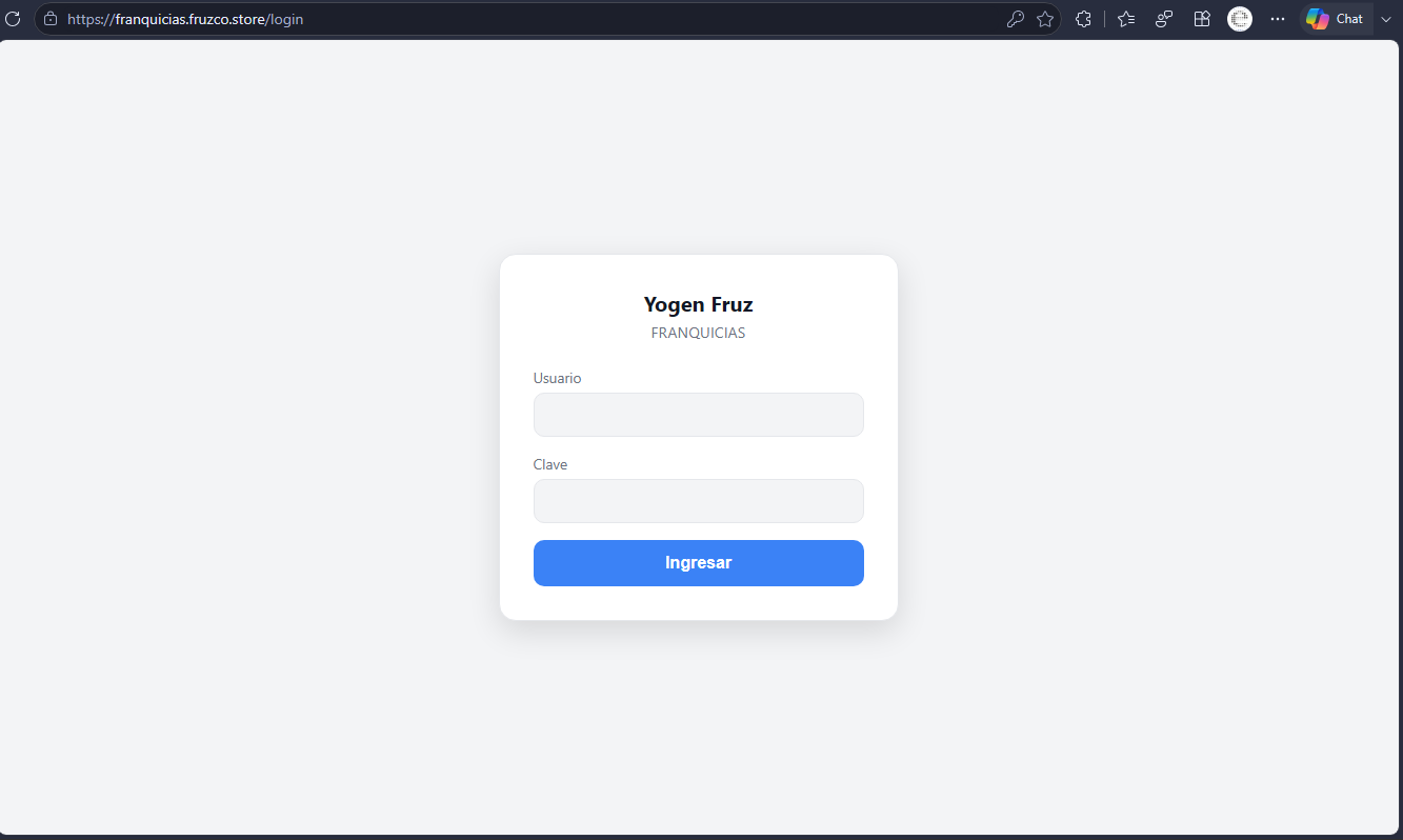 Pantalla de inicio de sesión del portal de franquicias Yogen Fruz