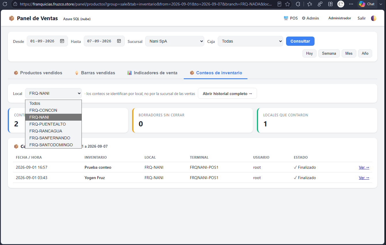 Pestaña Conteos de inventario con selector de local abierto